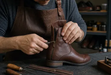 Sapateiro consertando o zíper de uma bota com ferramentas específicas.