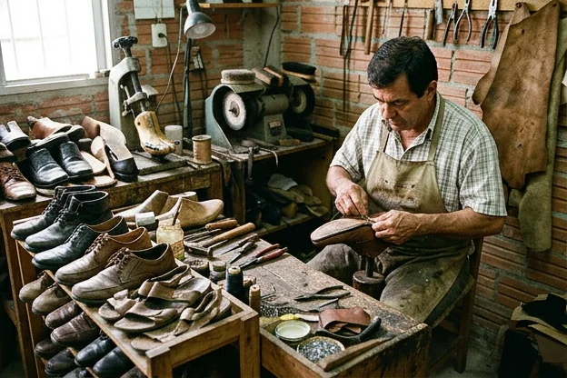 Sapateiro reformando sapatos com ferramentas e atenção ao detalhe.